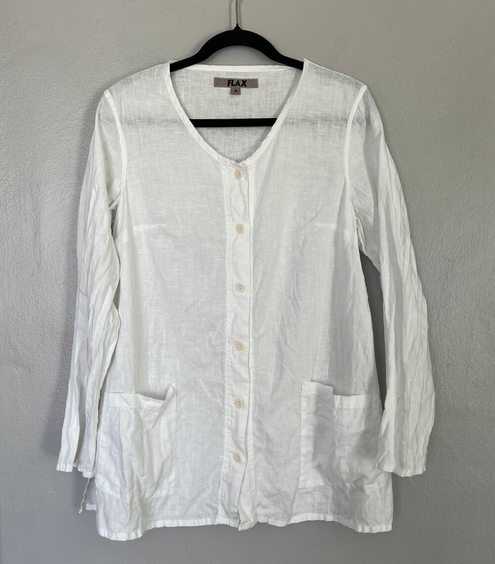 FLAX Women's 100% Linen White Button Front Shirt Women's Size P 4-6 Long Sleeves